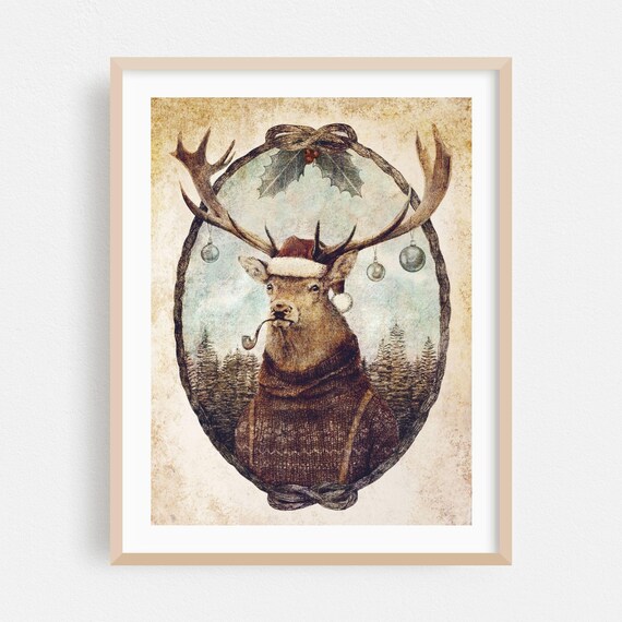 Christmas Stag Santa Hat Sweater Vintage Holiday Animal Poster