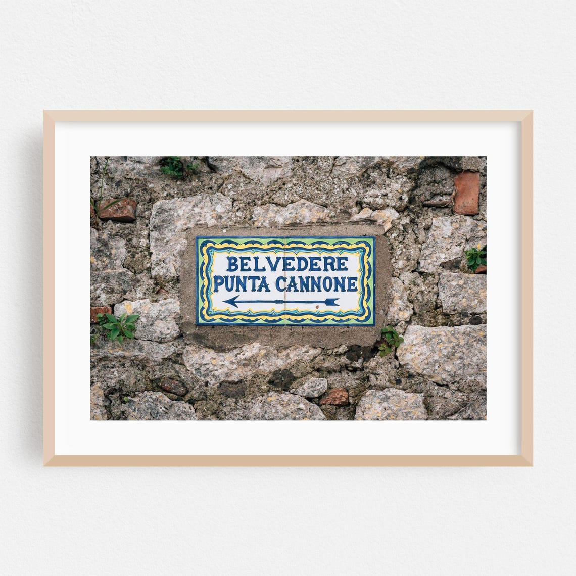 Belvedere Punta Cannone Ceramic Sign On Old Italian Stone Wall Poster