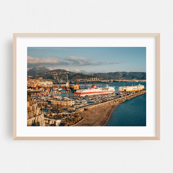 Salerno Italy Busy Port Ferries Ships Industrial Harbor Photo Poster