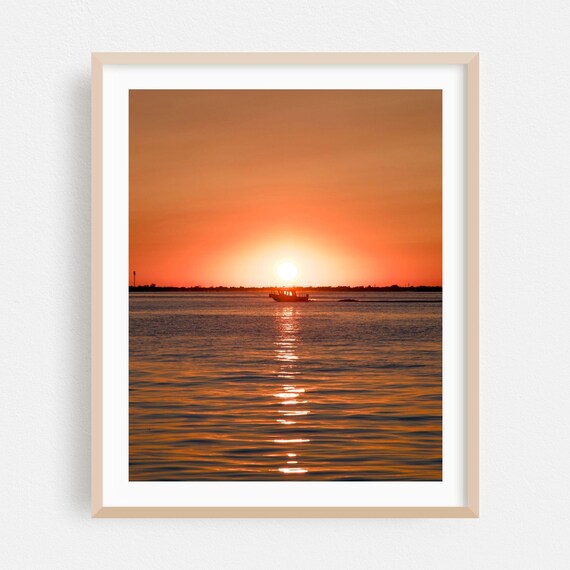Fire Island Sunset Boat Silhouette Photo Poster Orange Ocean Sky