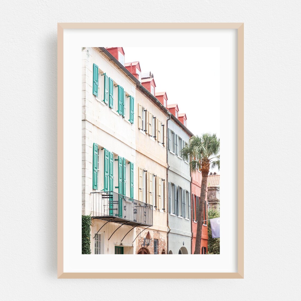 Charleston Pastel Rainbow Row Houses Green Shutters Street Poster