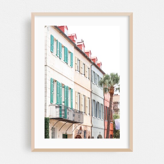 Charleston Pastel Rainbow Row Houses Green Shutters Street Poster
