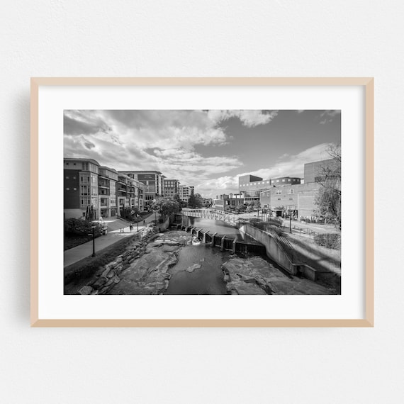 Greenville South Carolina Black and White River Falls Cityscape Poster