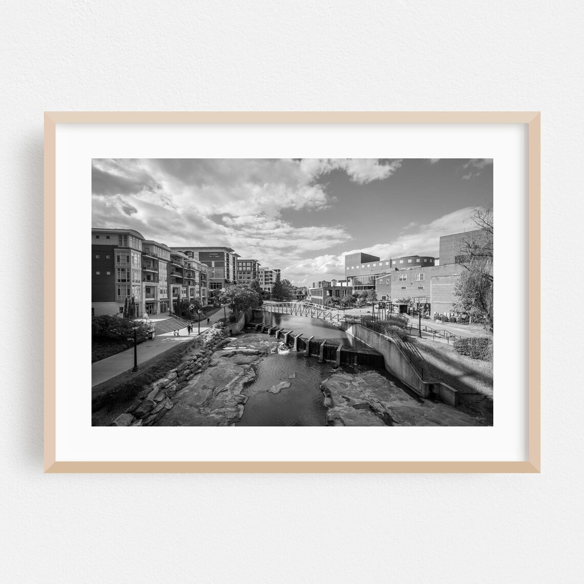 Greenville South Carolina Black and White River Falls Cityscape Poster