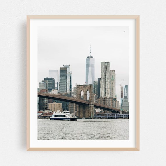 Brooklyn Bridge and Manhattan Skyline Daytime Harbor Ferry Poster