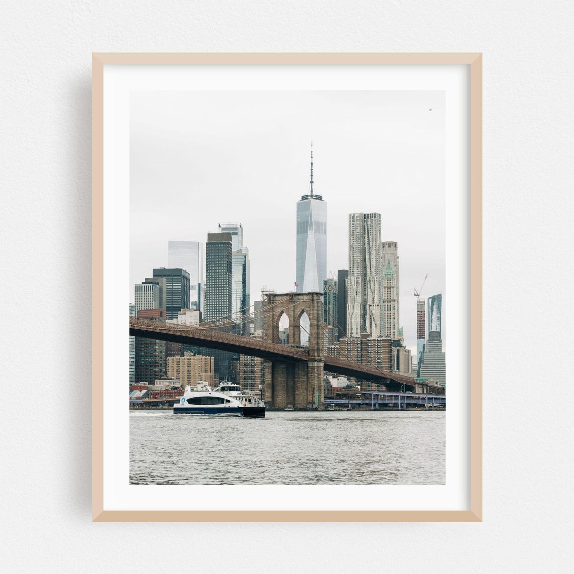 Brooklyn Bridge and Manhattan Skyline Daytime Harbor Ferry Poster