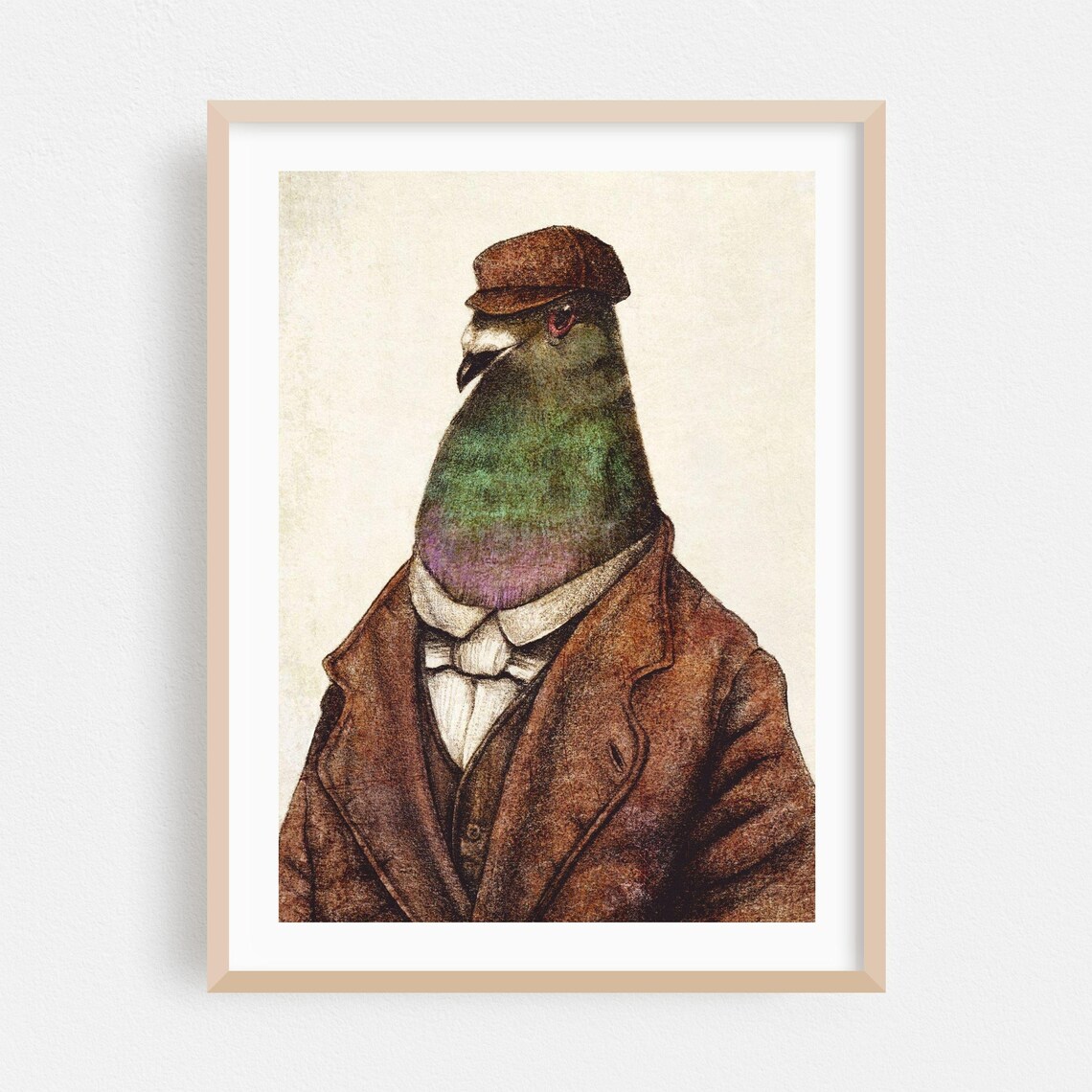 Pigeon in Flat Cap Tweed Jacket Vintage Surreal Animal Portrait Poster