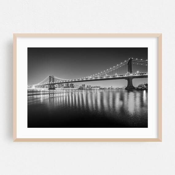 Manhattan Bridge At Night Black And White New York City Photo Poster