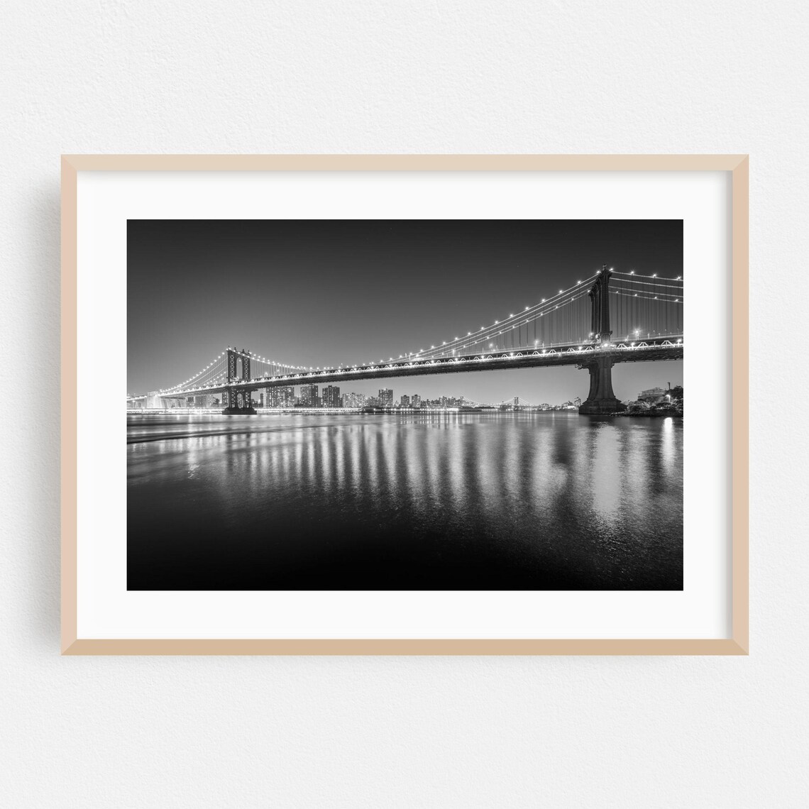 Manhattan Bridge At Night Black And White New York City Photo Poster