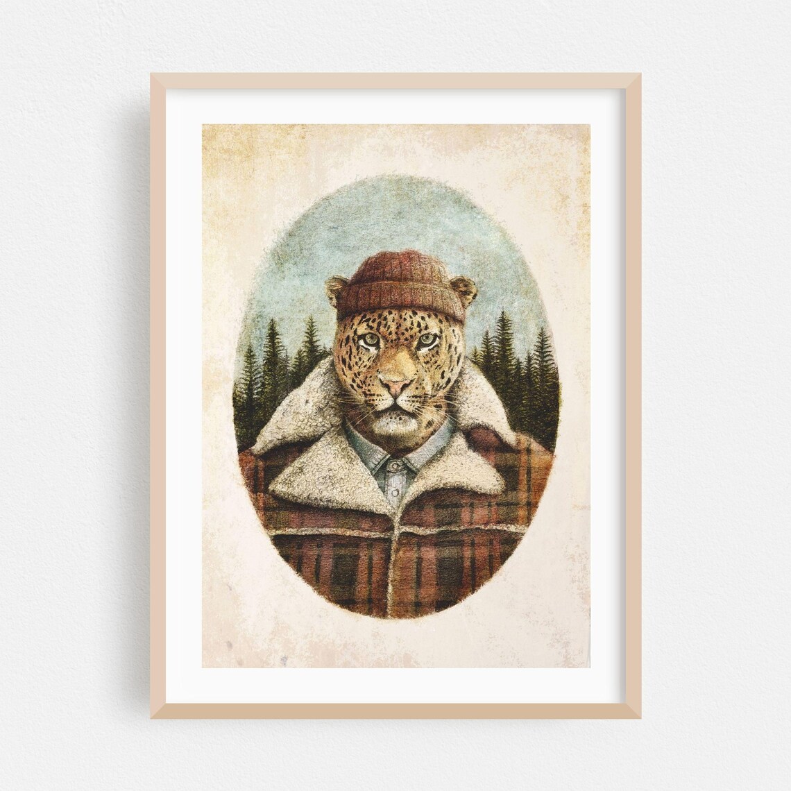 Leopard In Lumberjack Plaid And Beanie Winter Animal Portrait Poster