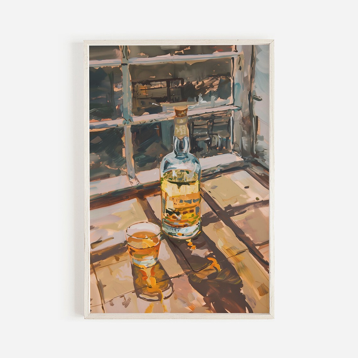 Golden Tequila Bottle Shot Glass Bar Window Vintage Oil Art Poster