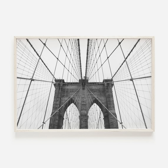 Brooklyn Bridge Tower Cables Black White Symmetrical Photo Poster