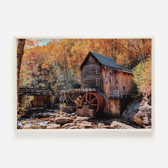 Autumn Water Mill Along Creek Rustic Fall Forest Photography Poster