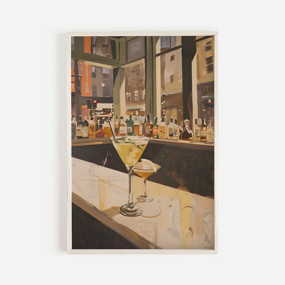 Manhattan Cocktail Hour Vintage NYC Bar Scene Oil Painting Poster