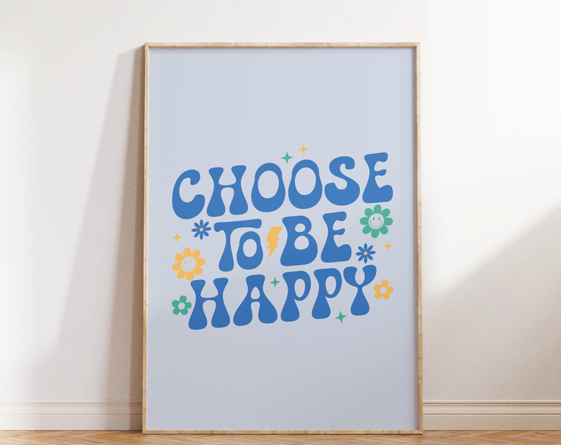 Retro Groovy Wall Print Choose To Be Happy Print Typography Print Print Large Art Wall Decor Retro Poster