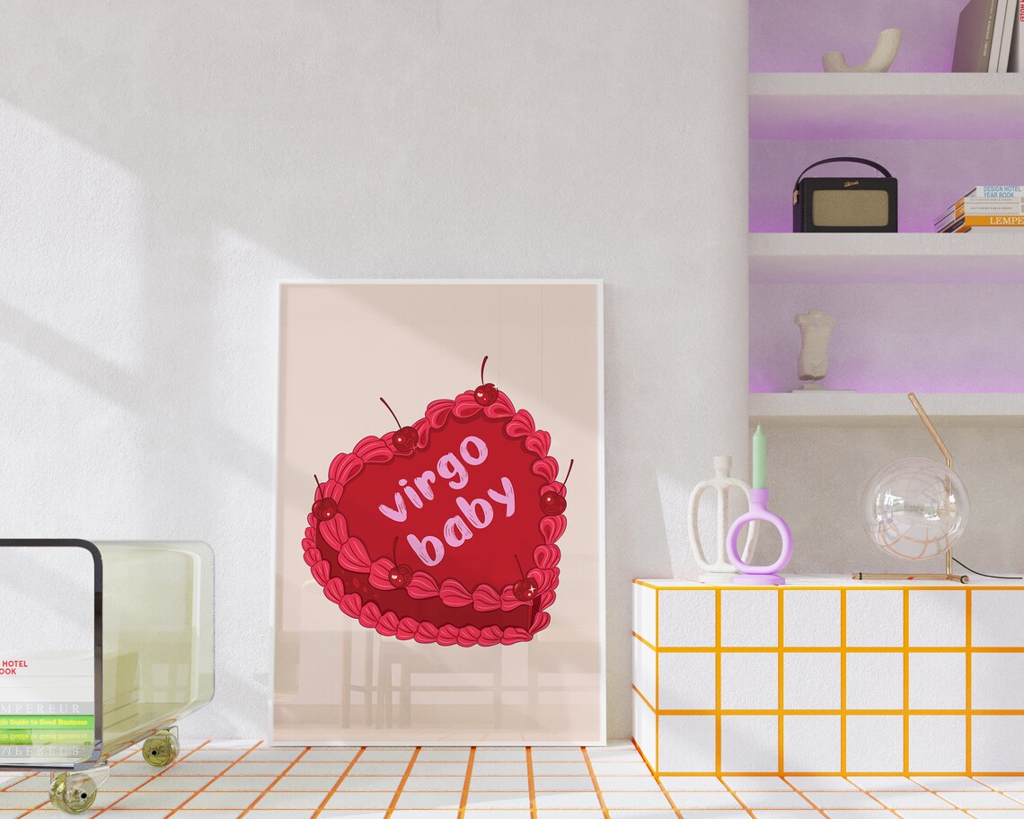 Virgo Baby Red Vintage Heart Cake With Cherries Zodiac Art Print - Image 4
