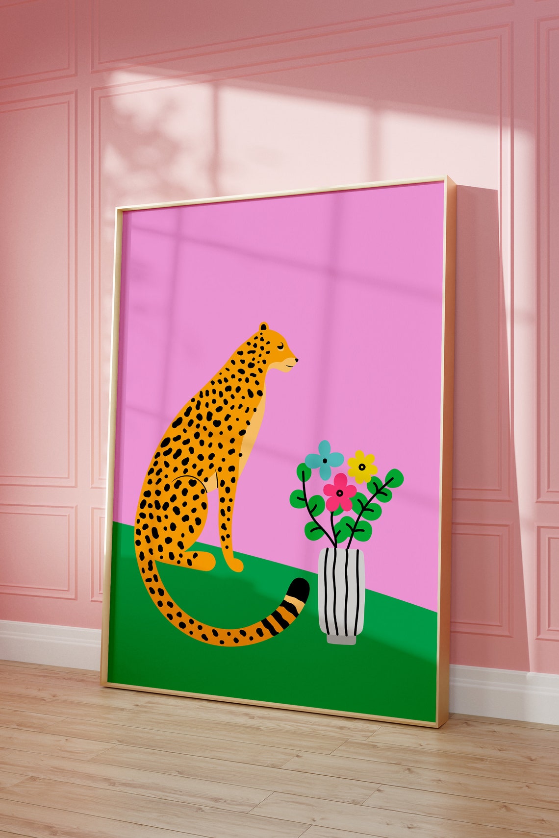 Cheetah Sitting with Flower Vase Pink Green Illustration Poster - Image 3