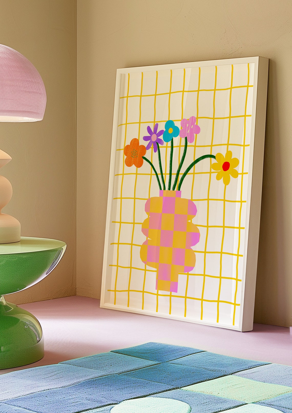 Colorful Wildflowers in Checkered Vase on Yellow Grid Poster - Image 5