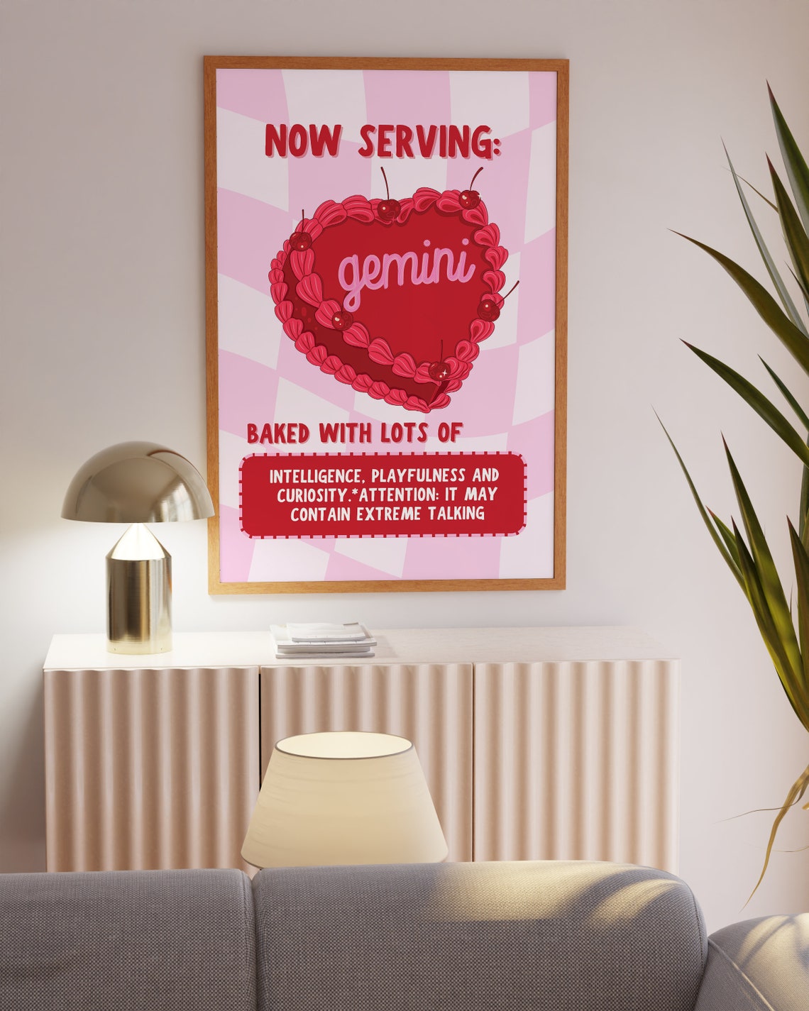 Now Serving Gemini Cake Red Cherry Heart Pink Checkerboard Print - Image 2