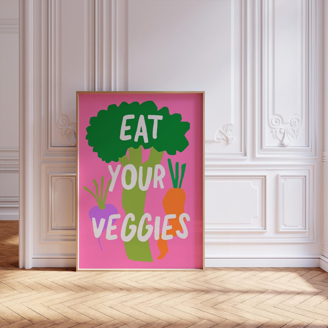 Eat Your Veggies Pink Broccoli Carrot Vegetable Kitchen Quote Poster