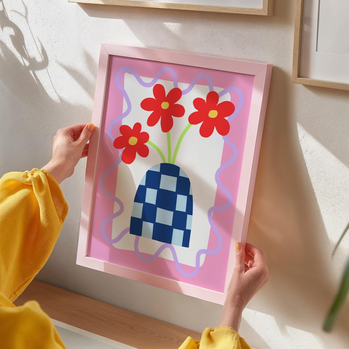 Red Daisies in Checkered Blue Vase Pink Wavy Frame Floral Poster - Image 2