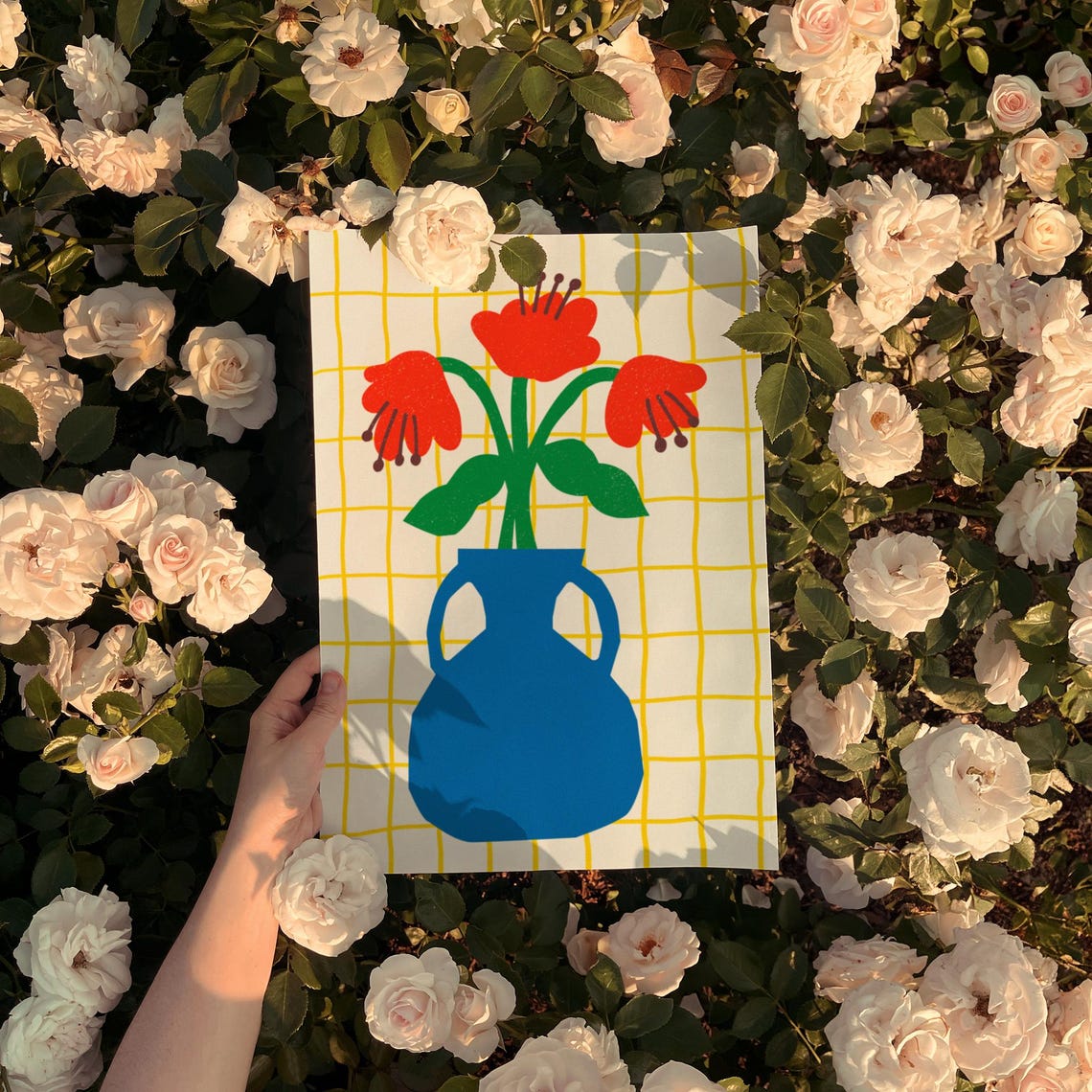 Red Poppies in Blue Vase Yellow Grid Retro Botanical Wall Poster - Image 3