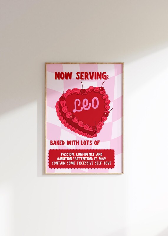 Now Serving Leo Heart Cake Red Cherry Zodiac Traits Kitchen Poster