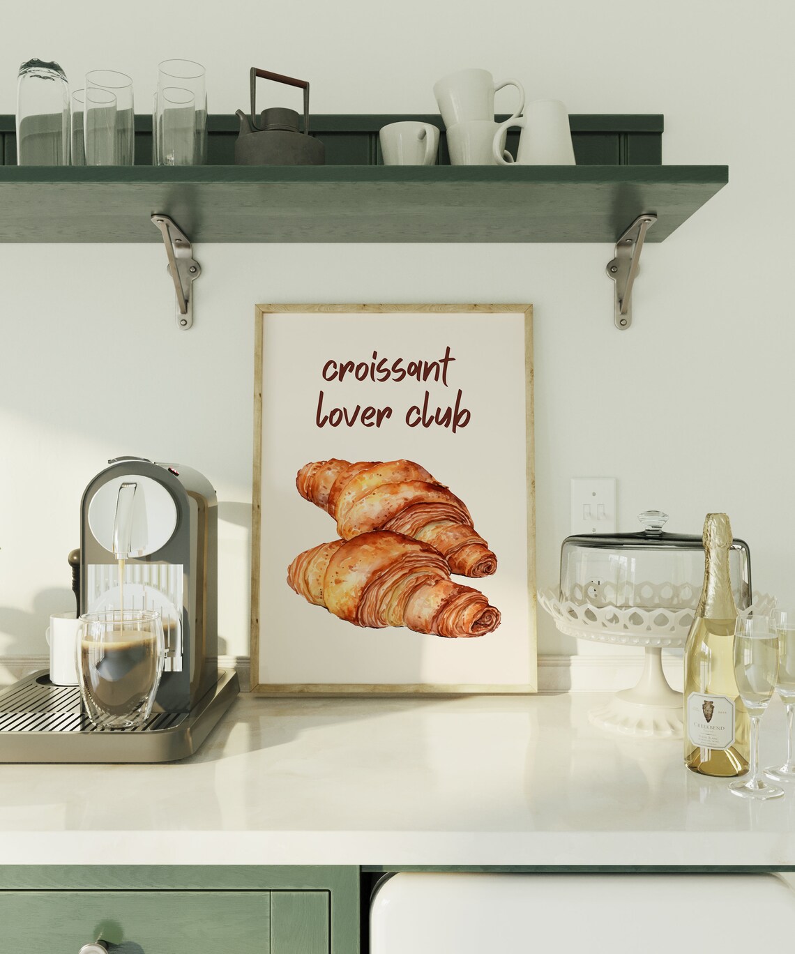 Croissant Lover Club Watercolor French Bakery Kitchen Wall Art