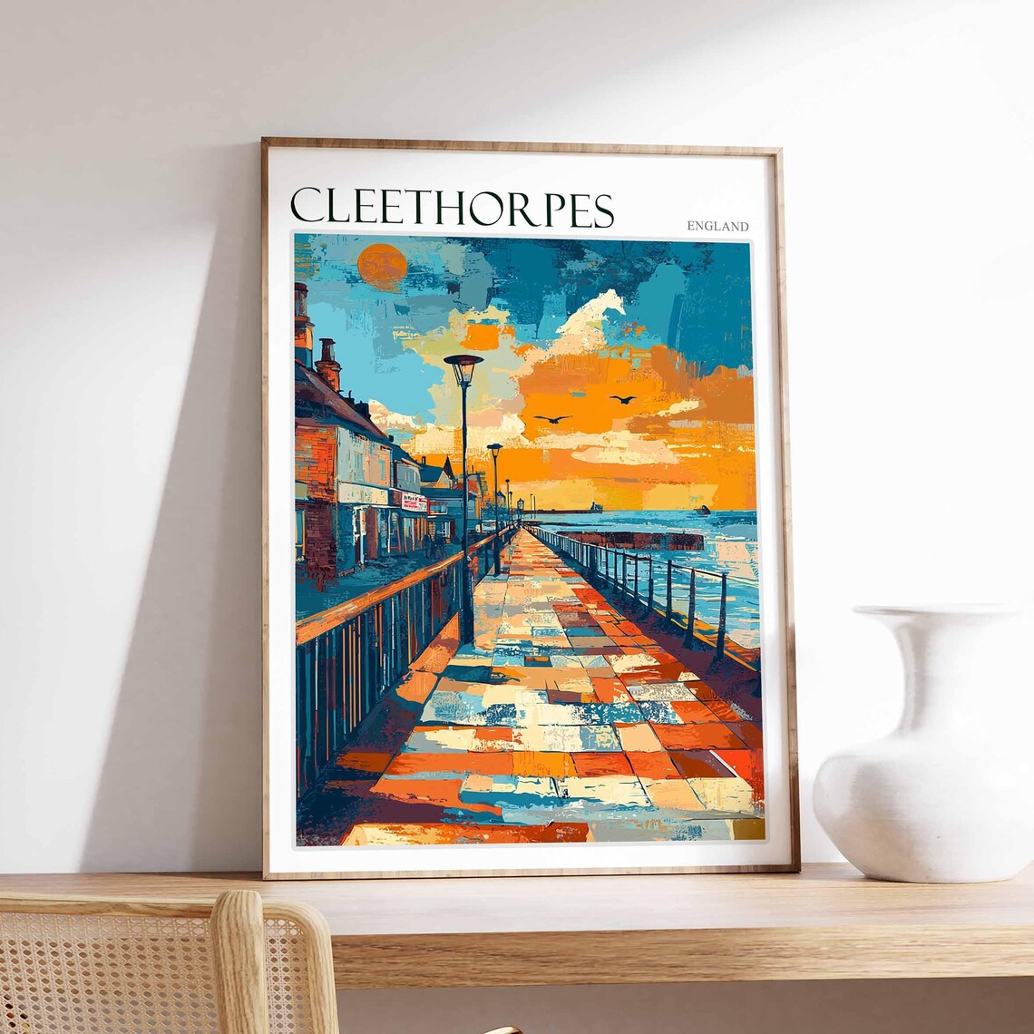 Cleethorpes England Sunset Pier Orange Sky Painted Travel Poster