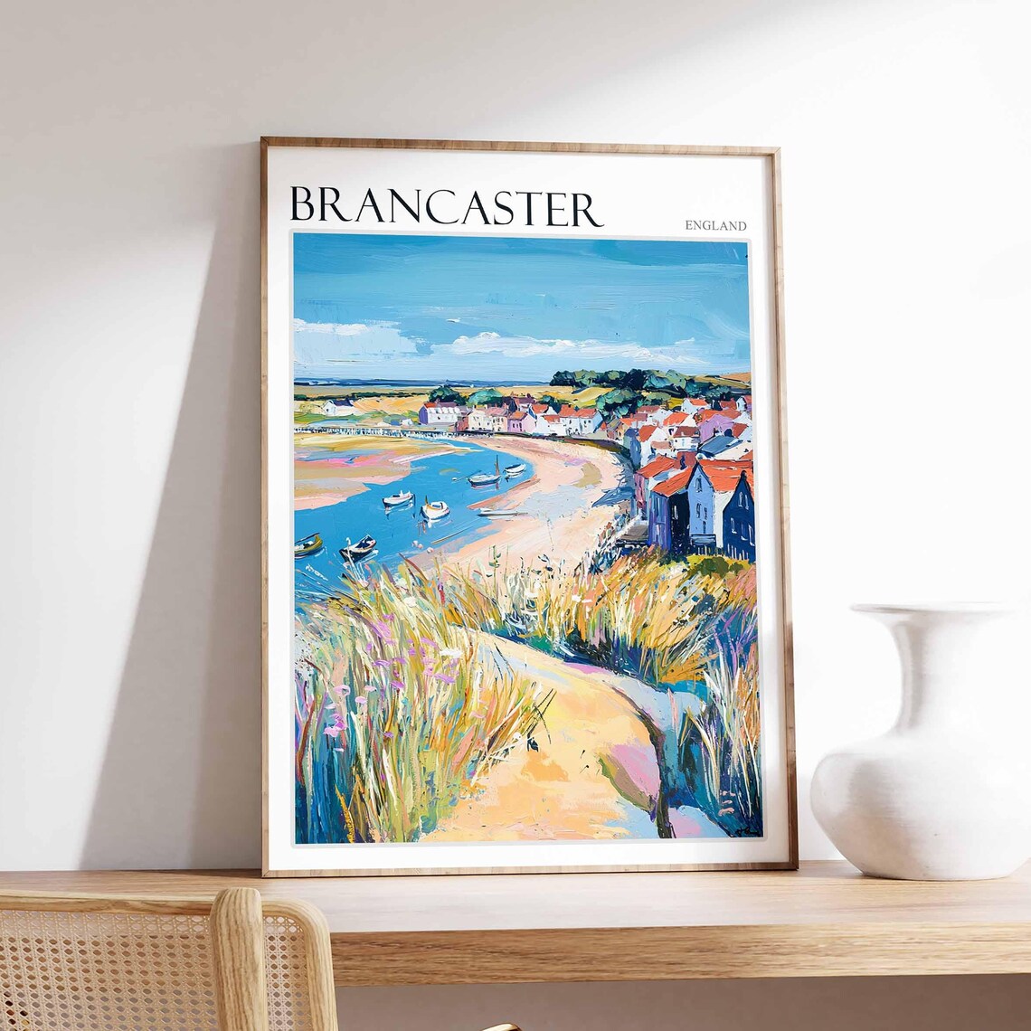 Brancaster England Estuary Boats Beach Grass and Village Shore Poster