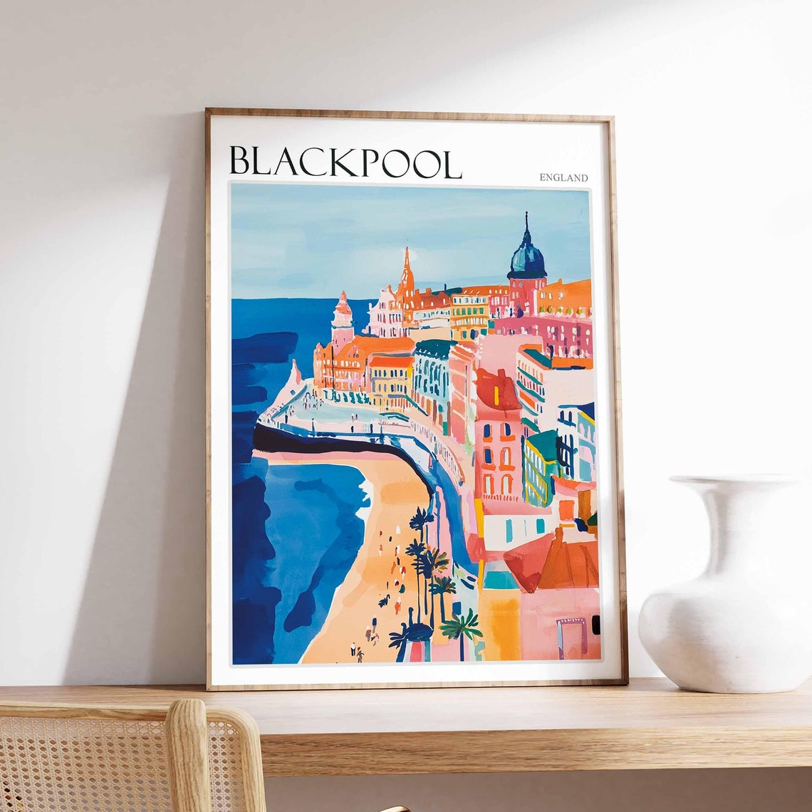 Blackpool Seafront Hotels Curved Beach Palm Trees Bold Travel Poster