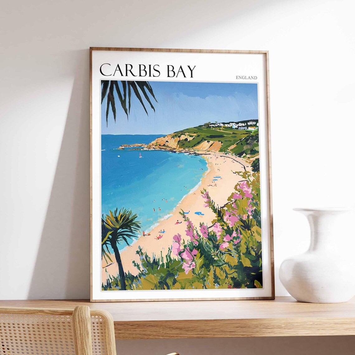 Carbis Bay England Palm Framed Beach Pink Flowers Coastal Travel Poster