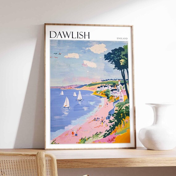 Dawlish England Sailboats on Violet Sea with Pink Beach Poster