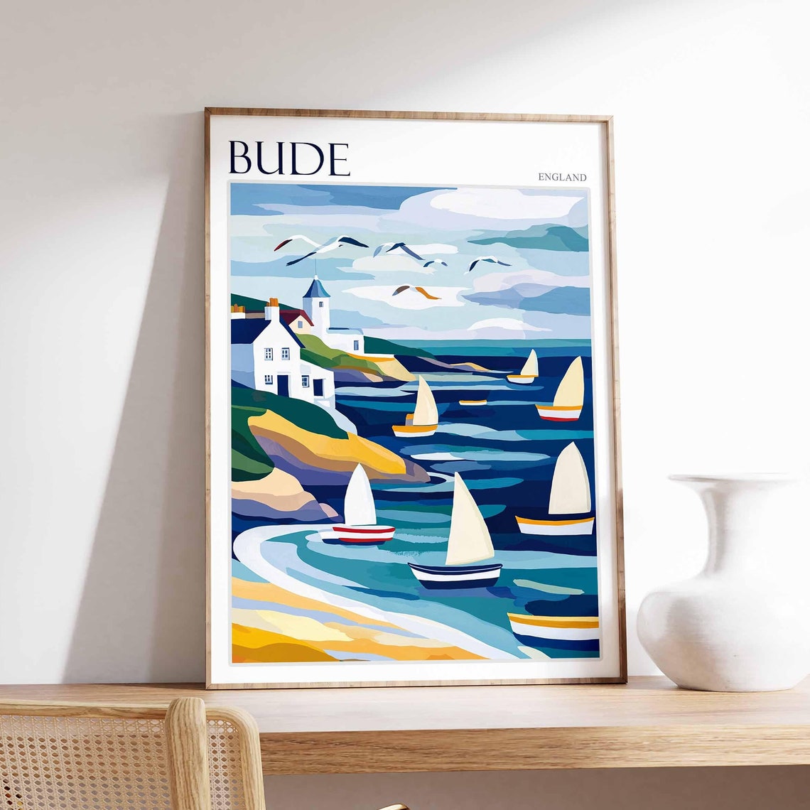Bude Cornwall England Sailboats Lighthouse Cliffs and Seagulls Poster