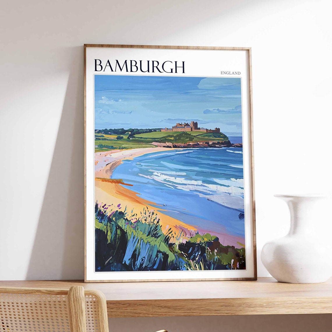 Bamburgh Castle Golden Hour Beach Waves Northumberland Travel Poster