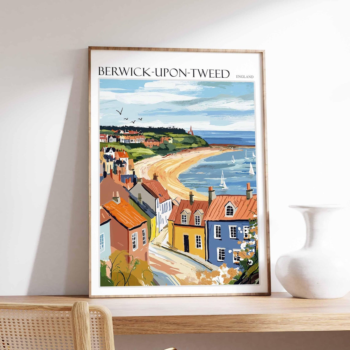Berwick upon Tweed Beach Sailboats Rooftops Headland England Poster