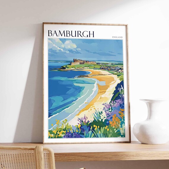 Bamburgh England Castle Coast Beach View With Wildflowers Poster