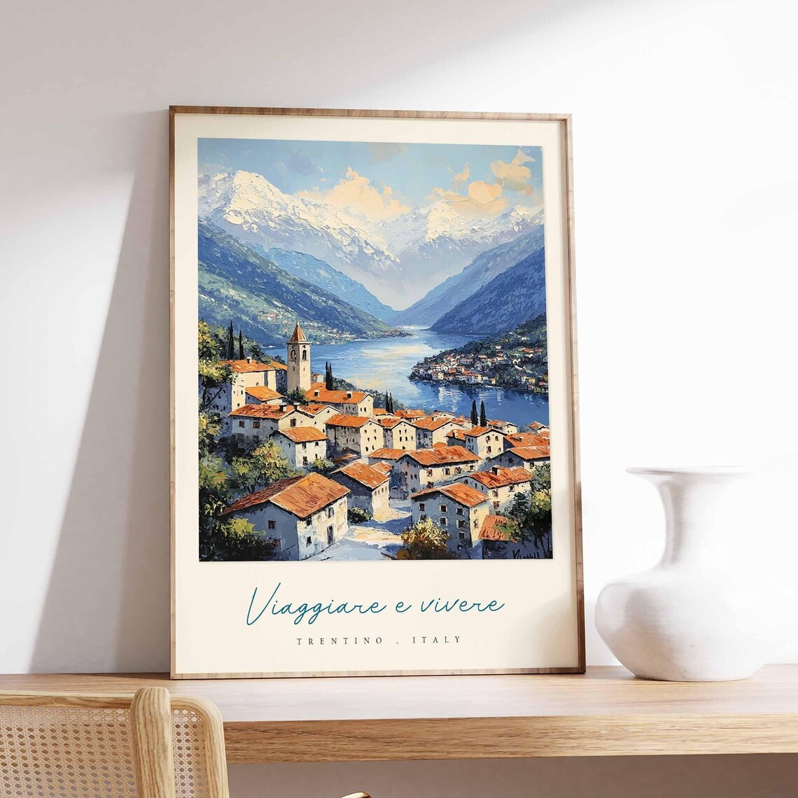Trentino Italy Lakeside Town Painting Church Tower Mountains Poster