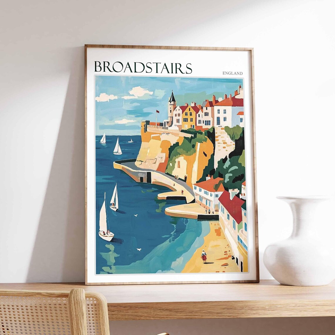 Broadstairs Kent Harbour Sailboats Clifftop Town Travel Illustration Poster