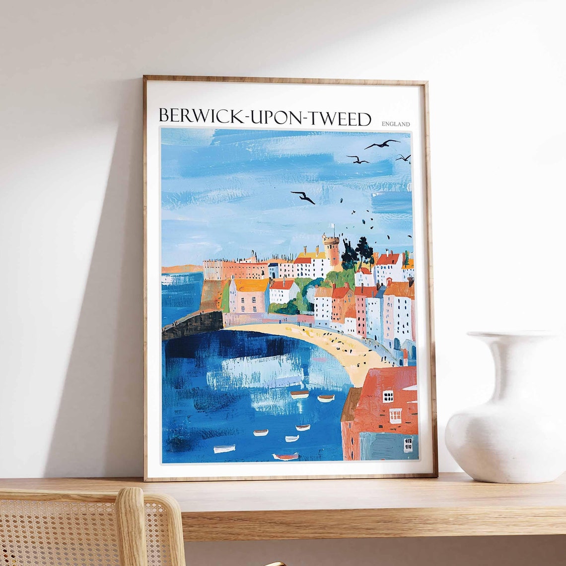 Berwick upon Tweed Harbour Bay Boats Seagulls Flat Illustration Poster