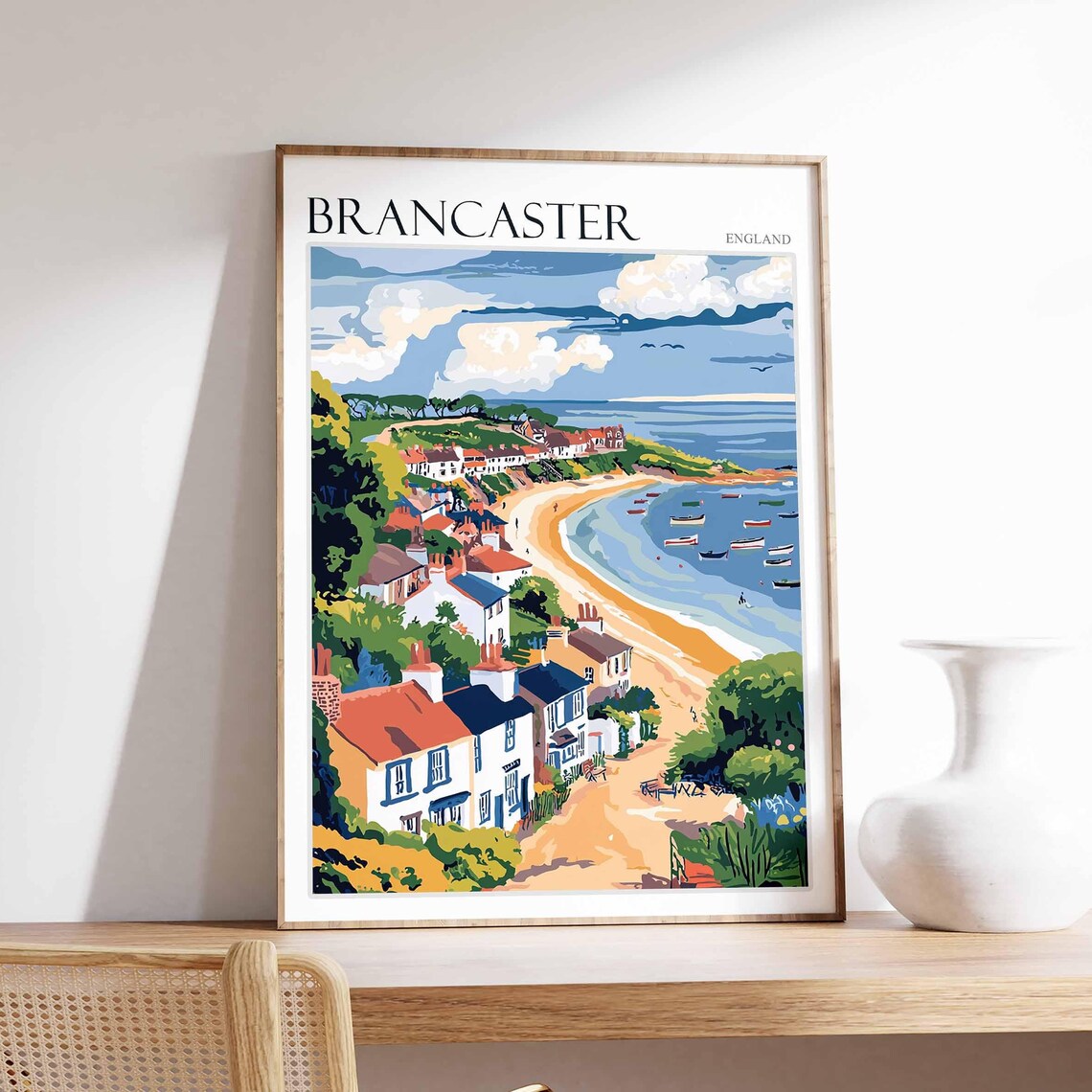 Brancaster England Bay View With Anchored Boats and Hillside Cottages Poster