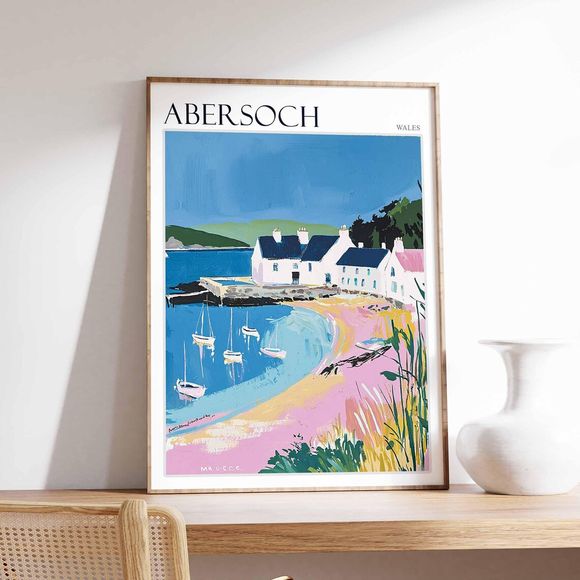 Abersoch Wales Sailboat Harbor Pink Sand Art Travel Collection Poster
