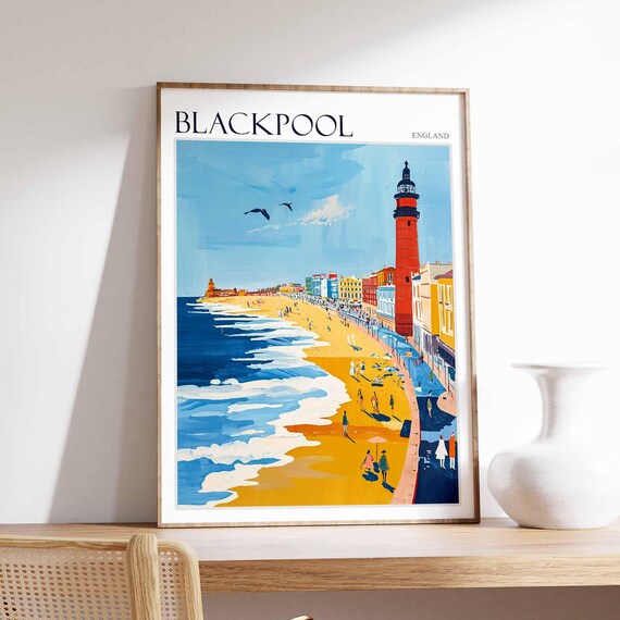 Blackpool England Beach Scene With Red Tower and Seagulls Poster