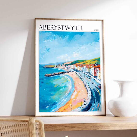 Aberystwyth Curved Bay Pier Promenade Vibrant Welsh Seaside Poster