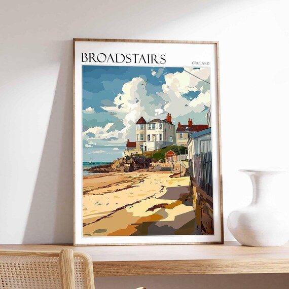 Broadstairs Kent Sunny Beach Under Dramatic Clouds Flat Art Poster