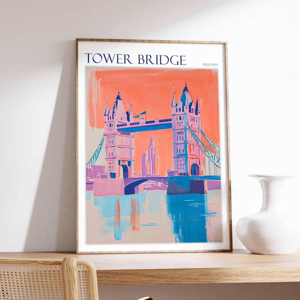 Tower Bridge Coral Orange Sunset Flat Illustration Art Poster