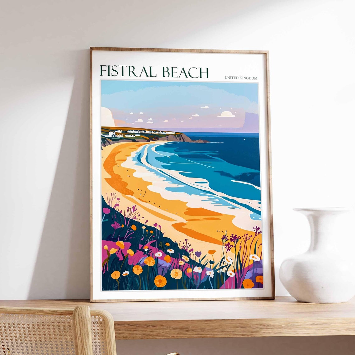 Fistral Beach United Kingdom Golden Sand Wildflowers Art Poster