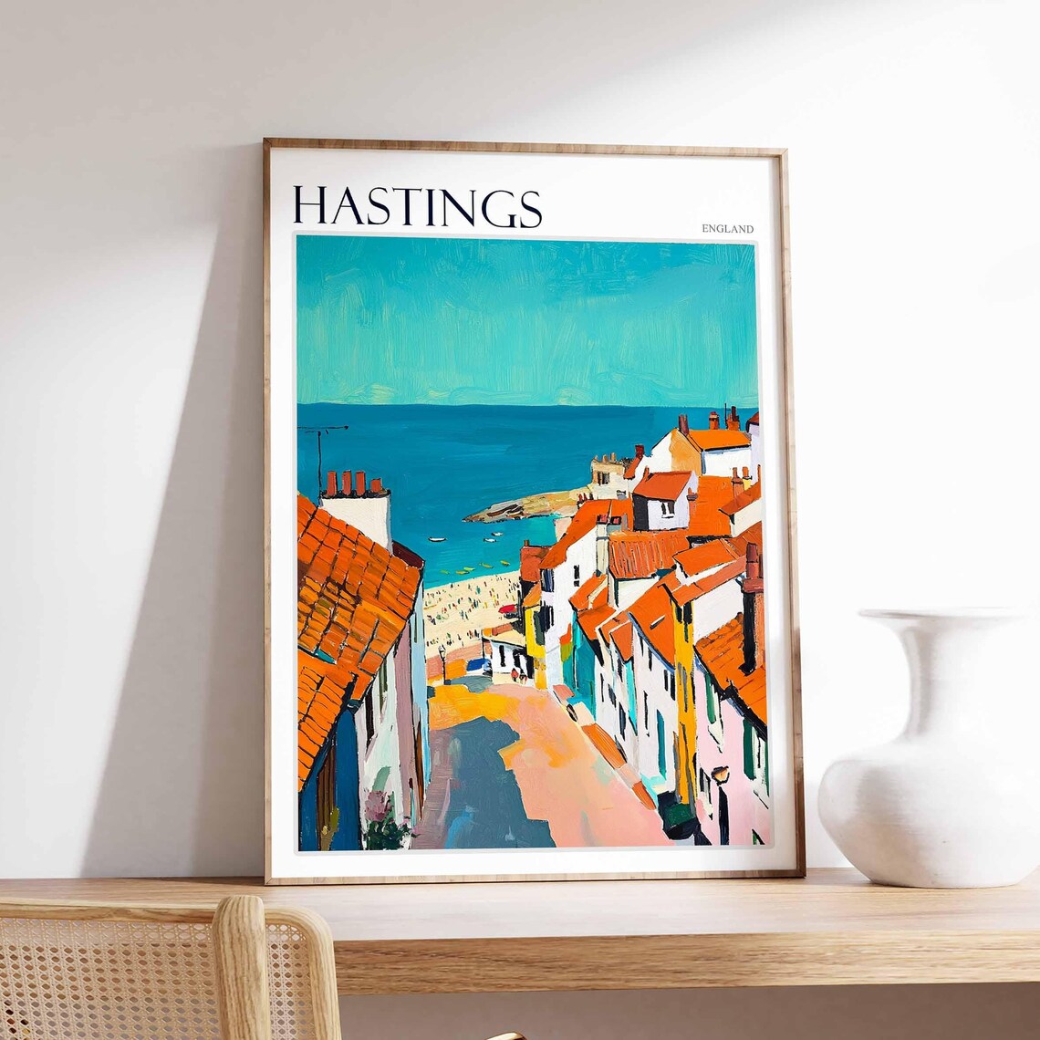 Hastings England Old Town Lane Rooftops Blue Sea View Poster