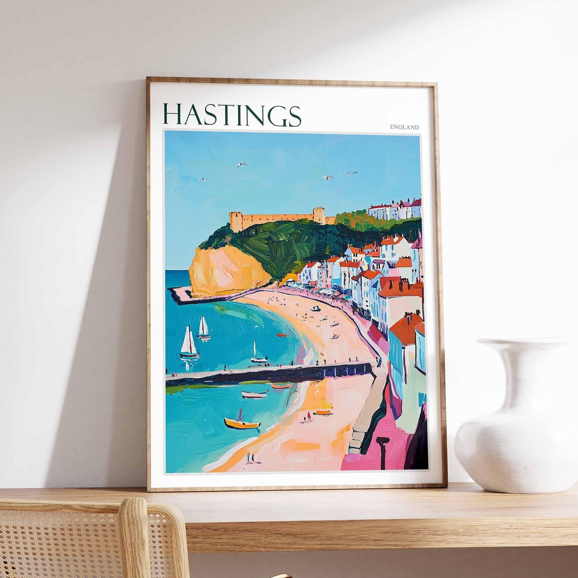 Hastings Harbor Castle Hill Sailboats Sandy Beach Historic Town Poster