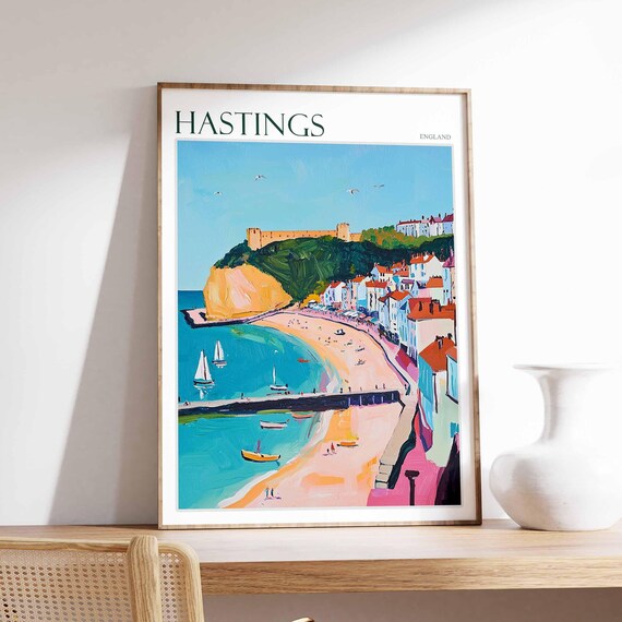 Hastings Harbor Castle Hill Sailboats Sandy Beach Historic Town Poster